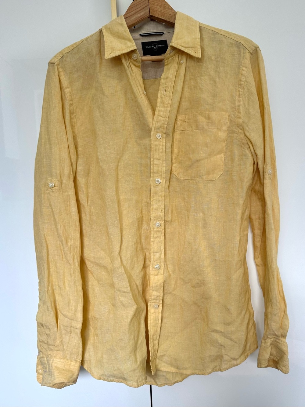 Black Brown 1826 100% Linen Button Front Shirt Yellow Small